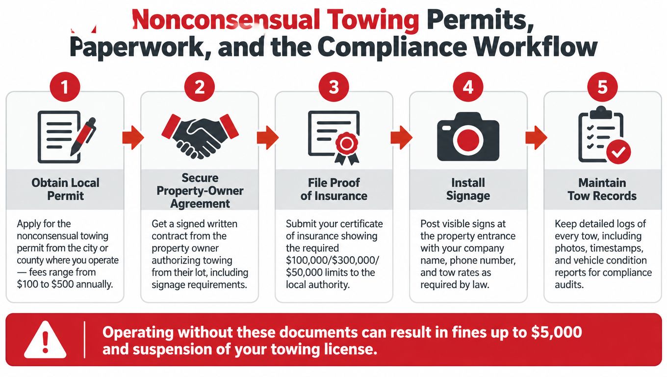 A five-step infographic showing the legal requirements for obtaining nonconsensual towing permits and compliance workflows.
